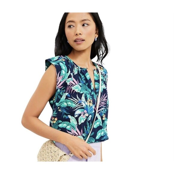 Loft Tropical Print Cap Sleeve Blouse Cotton Size M Green And Blue - Picture 1 of 7